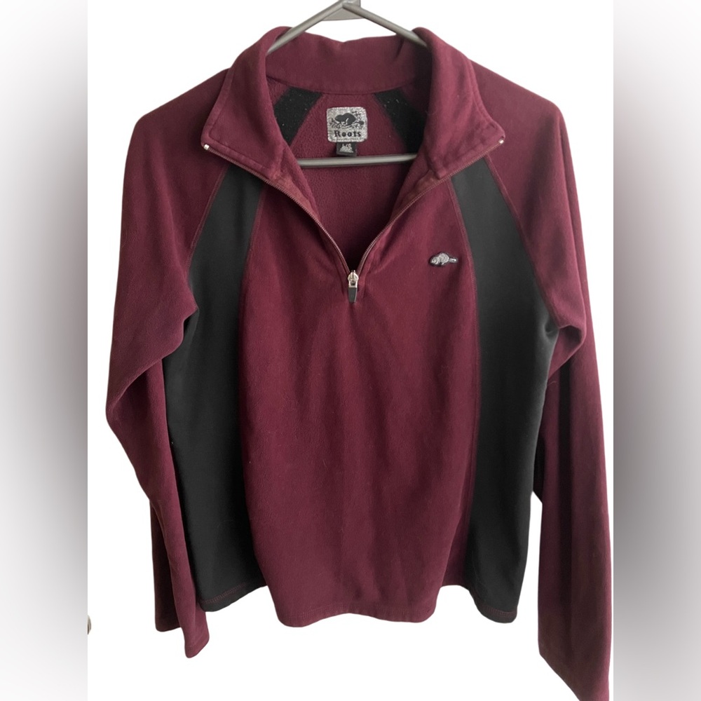 Roots Made in Canada maroon black fleece 1/4 zip large